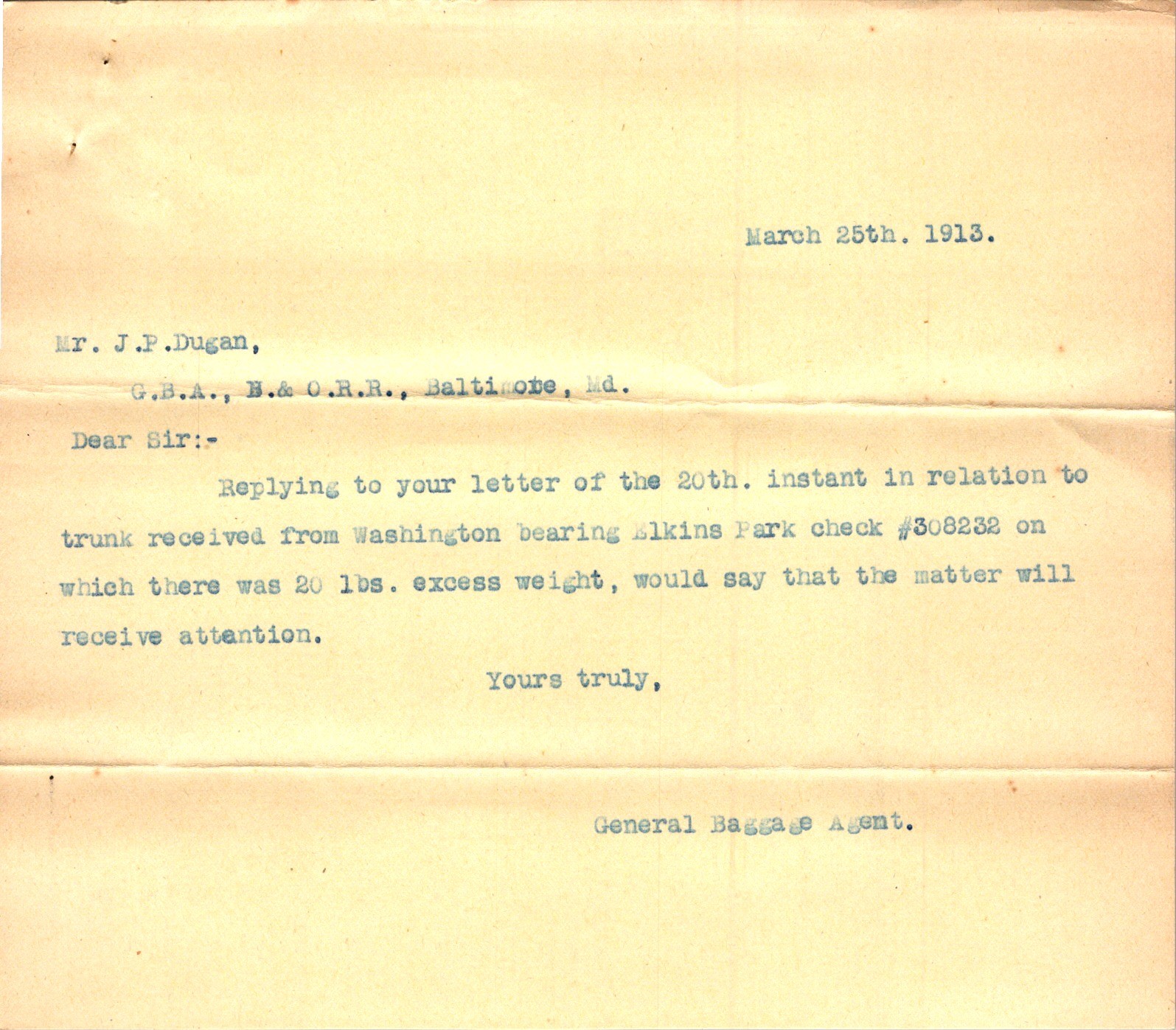 1913 B&O Railroad Baggage Letter G.B.A. Correspondence Elkins Park Washington