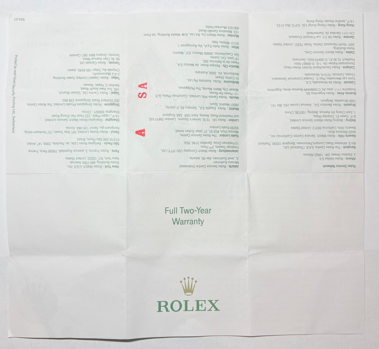 Rolex 76193 Oyster Perpetual Warranty Certificate Guarantee 2000s P Serial Cert
