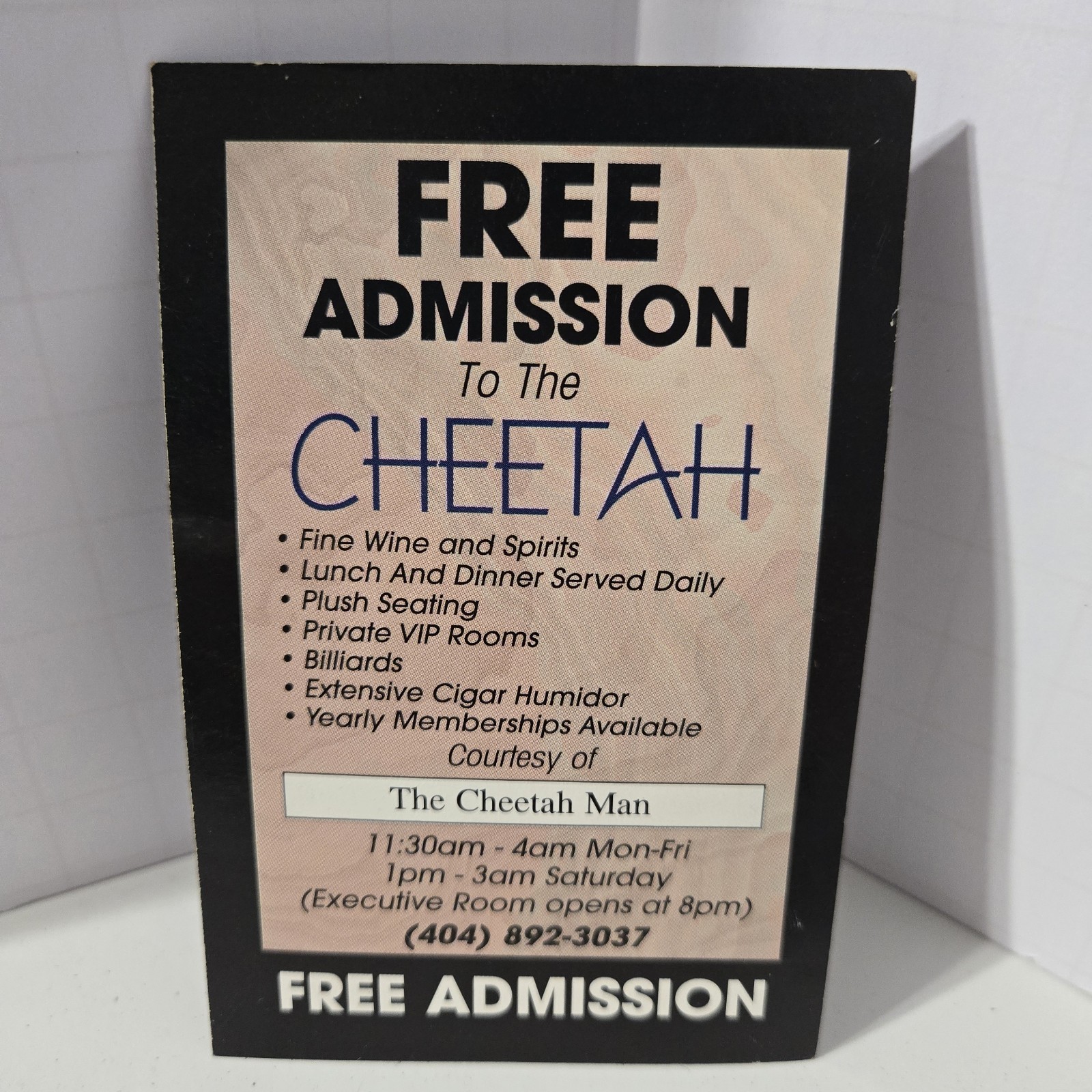 Vintage Cheetah Atlanta Complimentary Admission Legendary Strip Club Rare