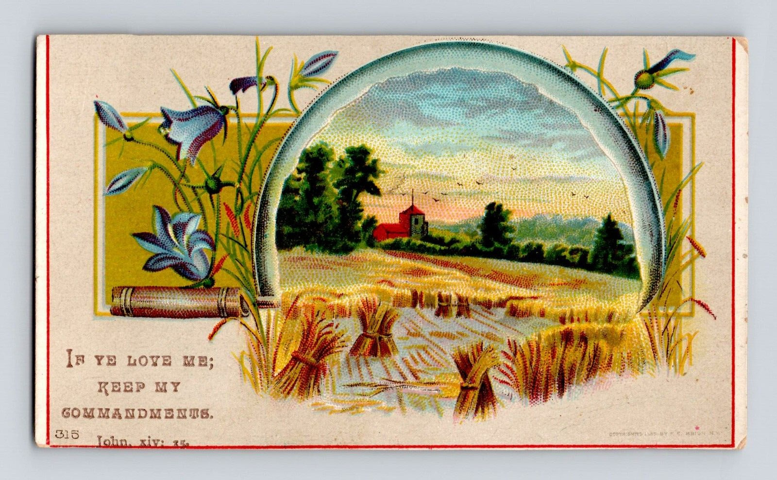 Victorian Reward of Merit Sunday School John 14:15 Blue Bells Country Scene