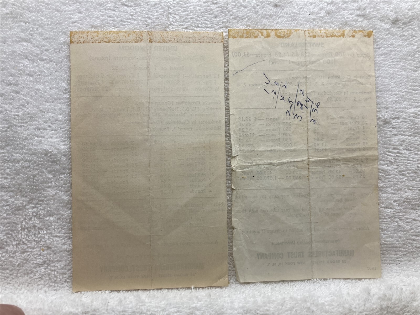 1956 1957 Manufacturers Trust Company United Kingdom Switzerland Currency Sheet
