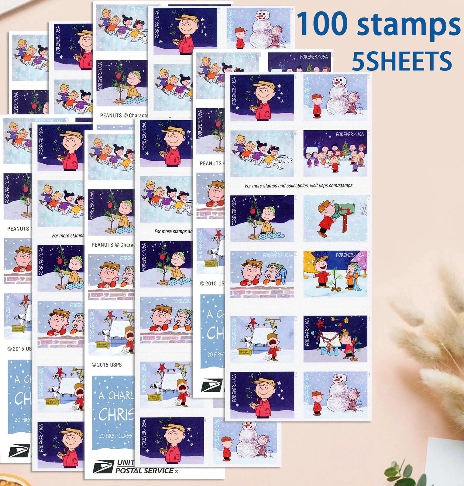 2015 Charlie Brown Christmas Stamps – 5 Sheets MNH (100 Stamps Total)