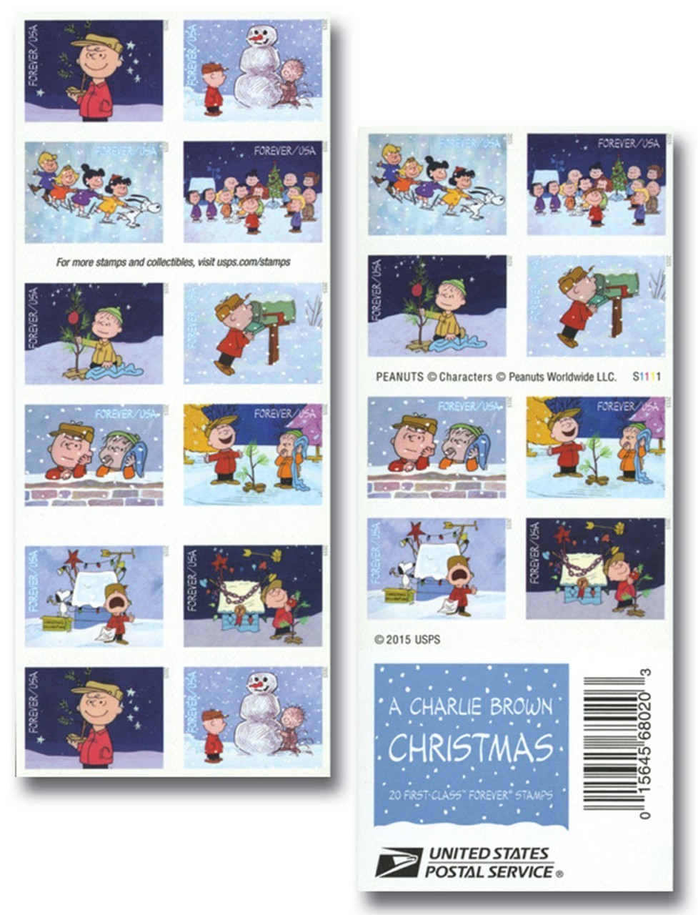 Vintage Pane of 100 2015 A Charlie Brown Christma Stamp Scott #5021-30 (MNH)