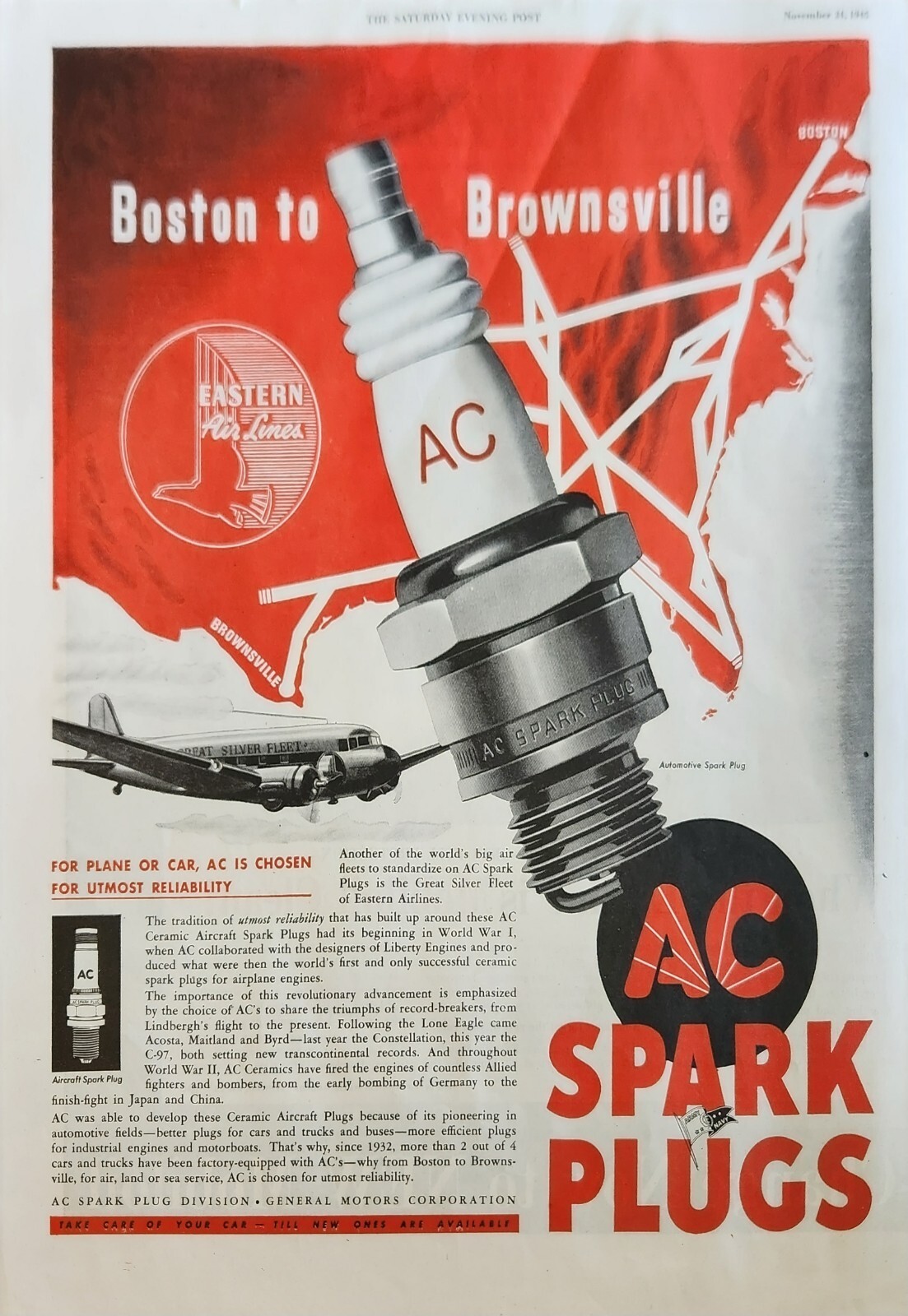 1945 AC Spark Plugs Vintage Ad Boston to Brownsville Eastern Air Lines