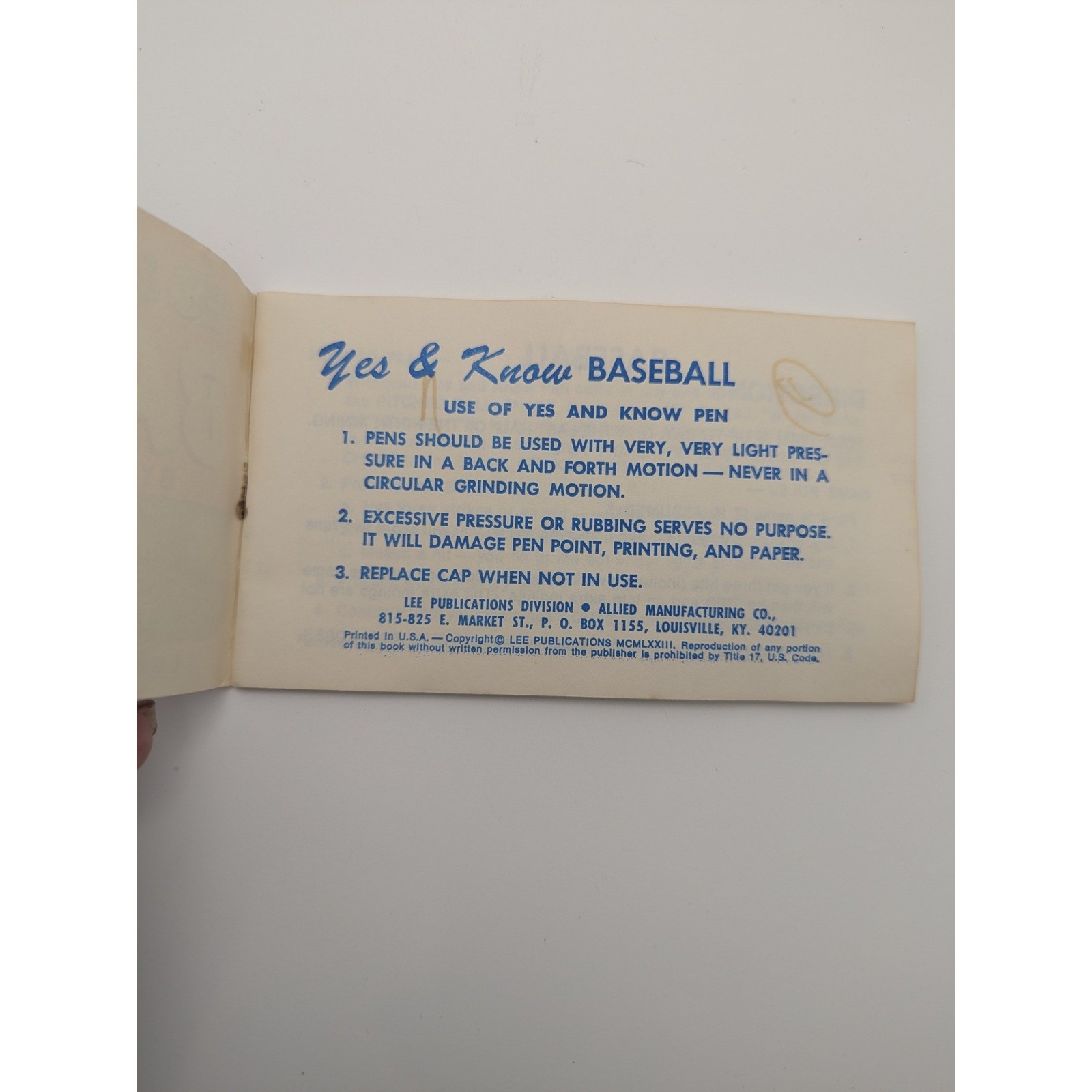 Vintage Yes & Know Invisible Ink Baseball Game Book Lee Publications Printed USA