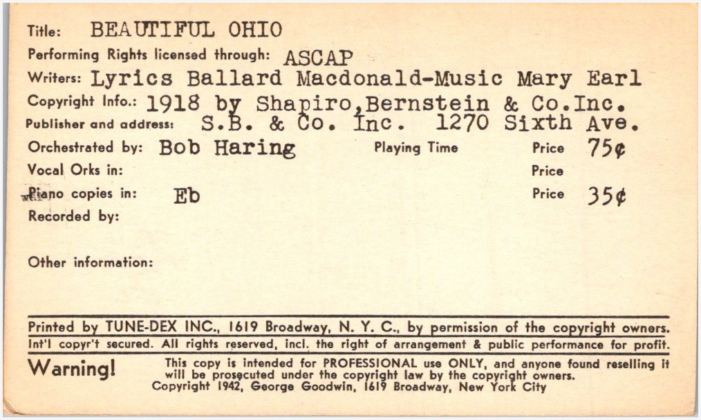 Tune-Dex Beautiful Ohio 1942 Waltz Lead Sheet Piano Eb Orchestrated Bob Haring