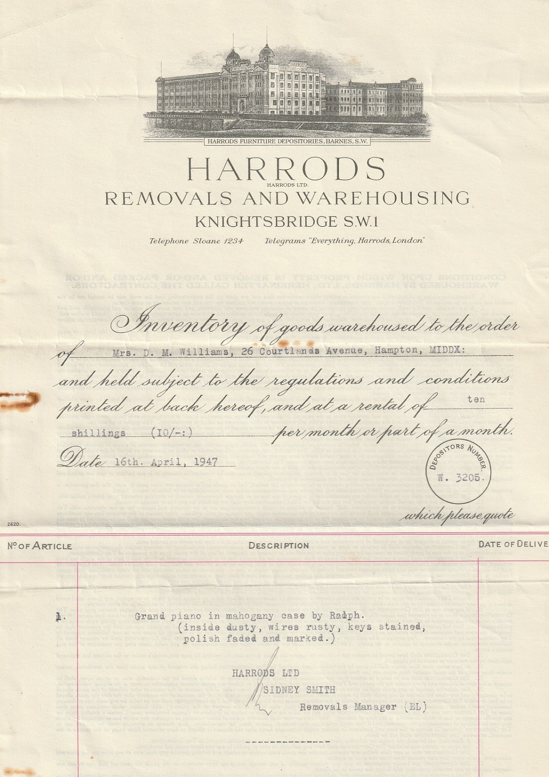 HARRODS ORIGINAL LETTERHEAD. INVENTORY OF GOODS WAREHOUSED. 1947. GRAND PIANO