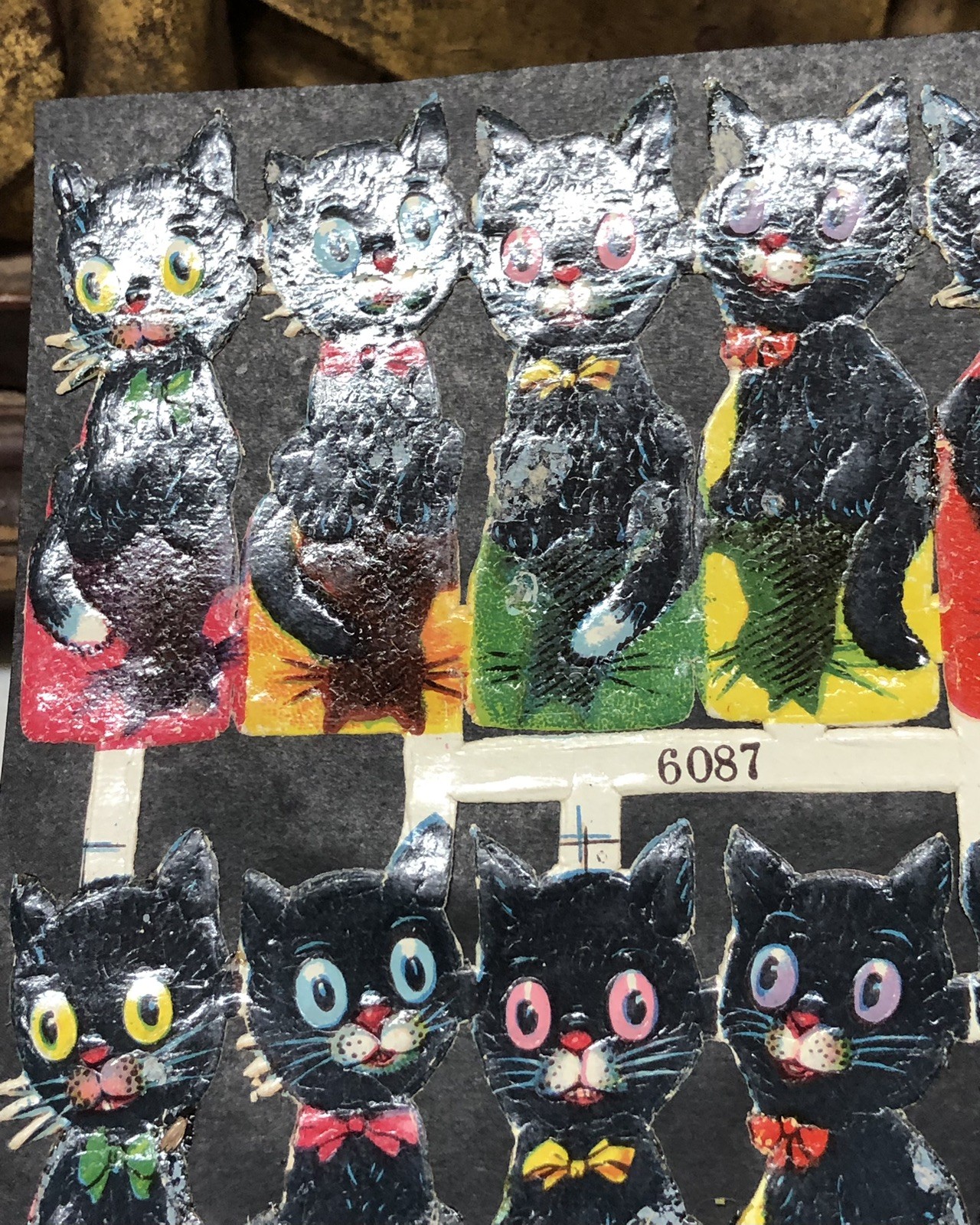 Black Cats & Cats in Basket Die Cut Scraps Glued on Paper Double Sided L4