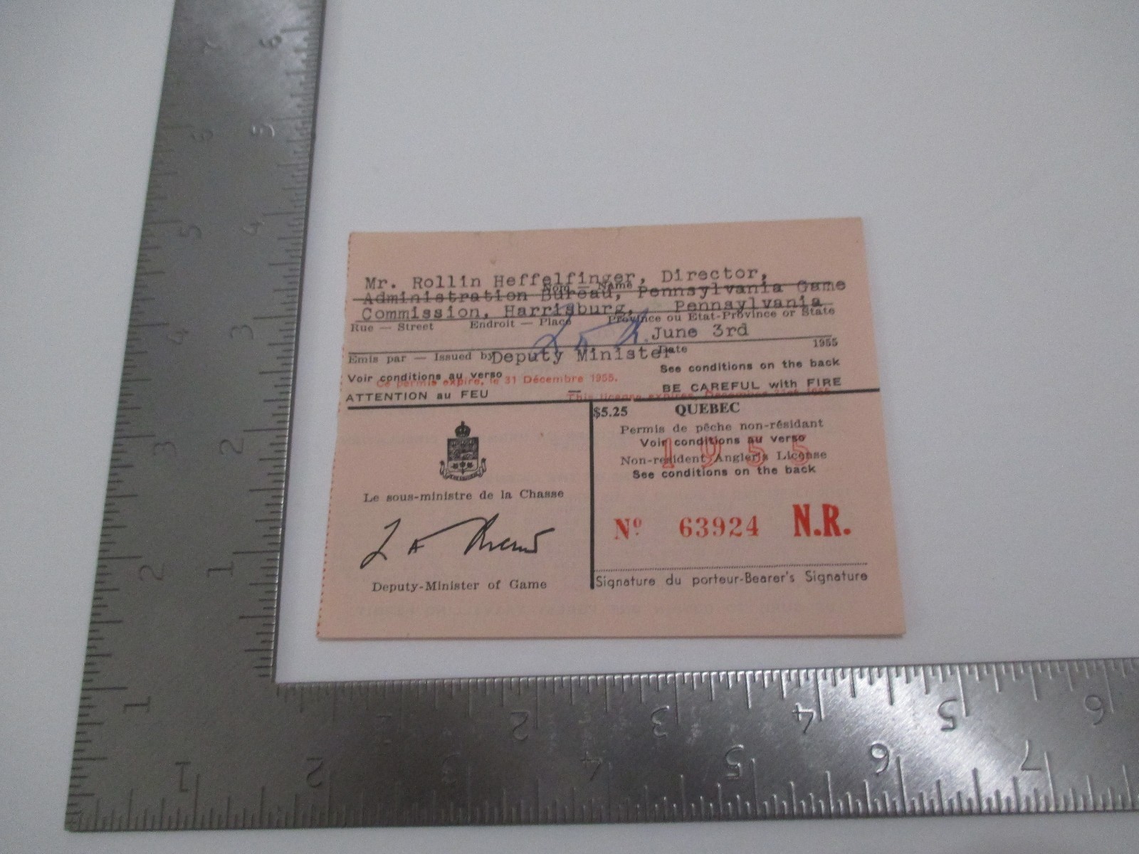 Vintage 1955 Quebec Non-Resident Fishing License Mr Rollin Heffelfinger S1073