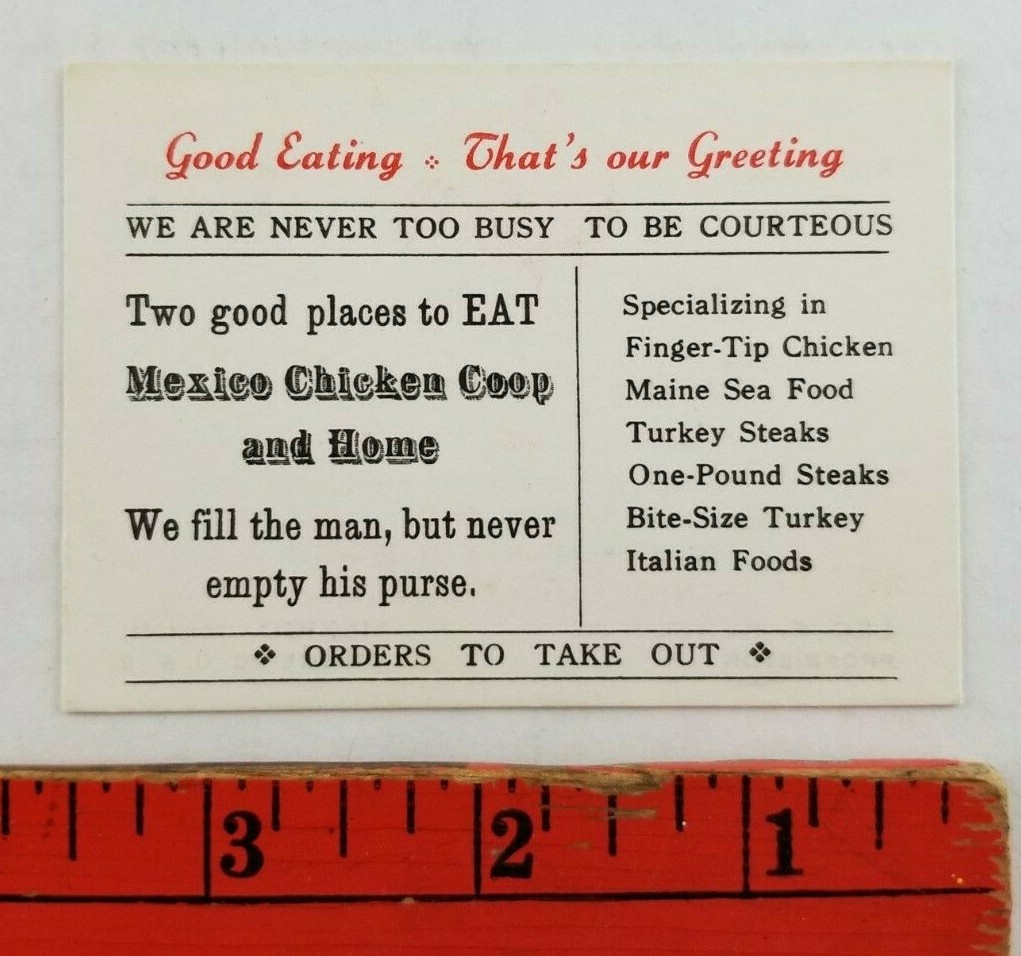 Vintage 1950’s Mexico Chicken Coop Restaurant Maine Business Card