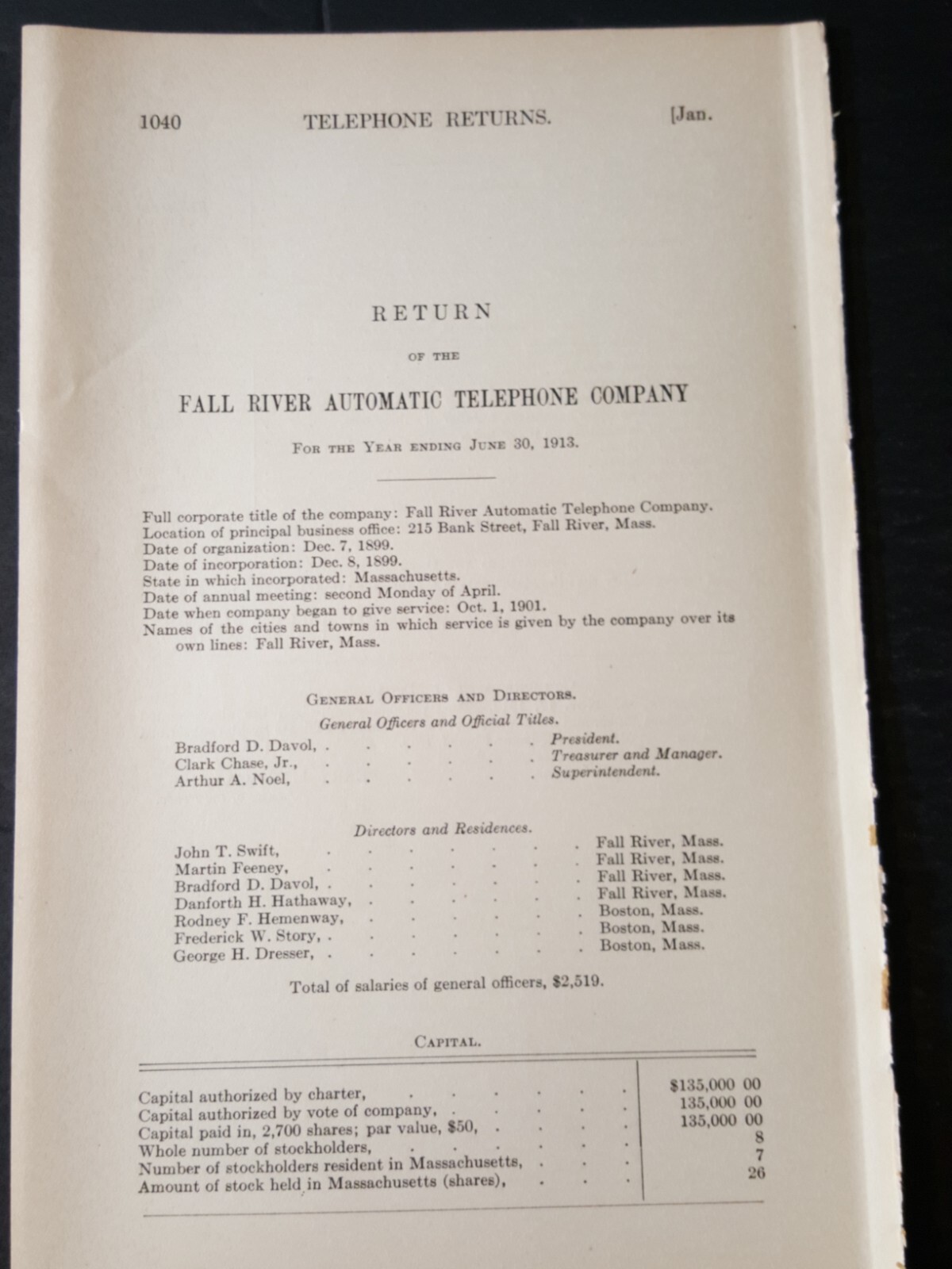 1913 paper FALL RIVER AUTOMATIC TELEPHONE COMPANY Massachusetts Bradford Duval