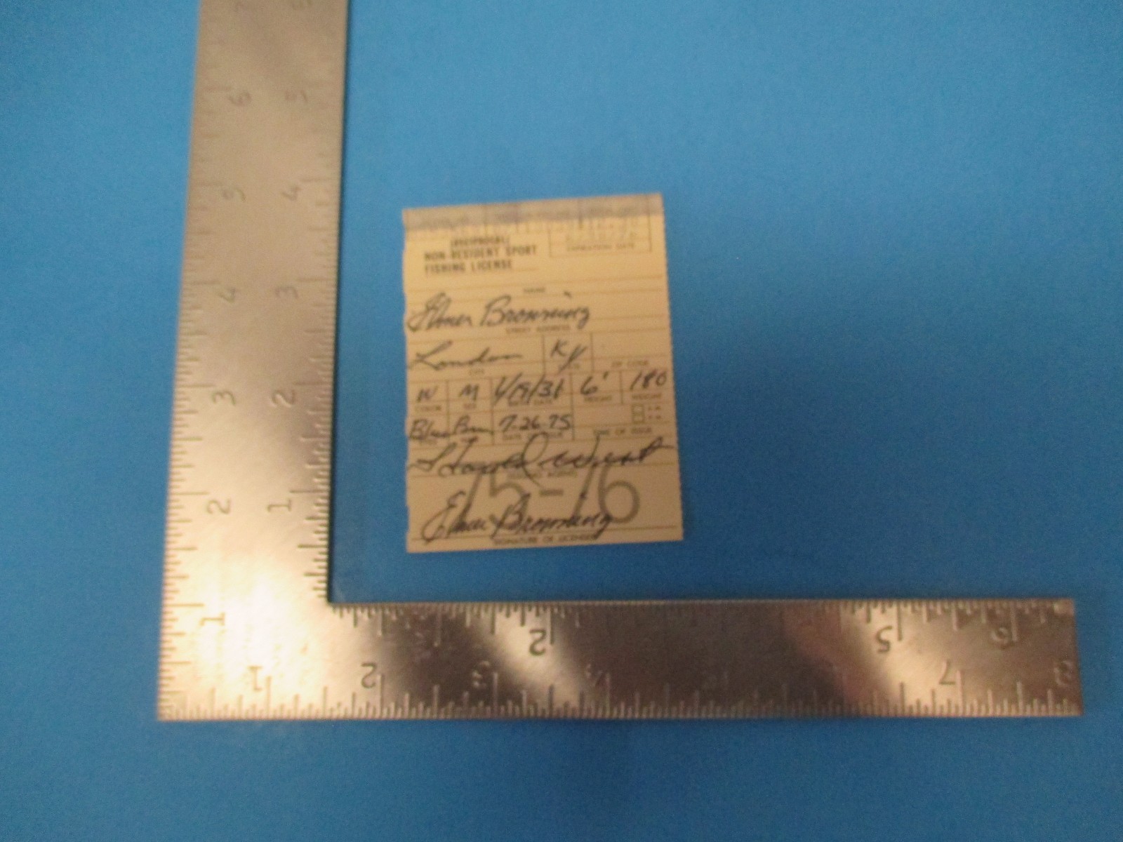 Vintage 1976 Tennessee Non-Resident Sport Fishing License, Elmer Browning, S1740