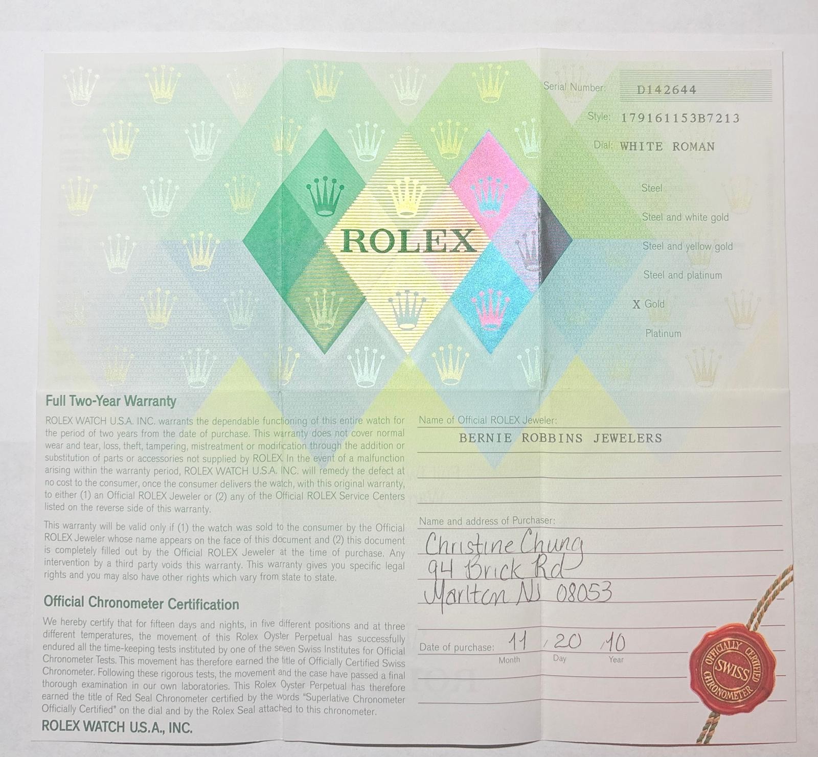 Rolex 179161 Lady-Datejust Warranty Certificate Guarantee 2010 D Serial Cert