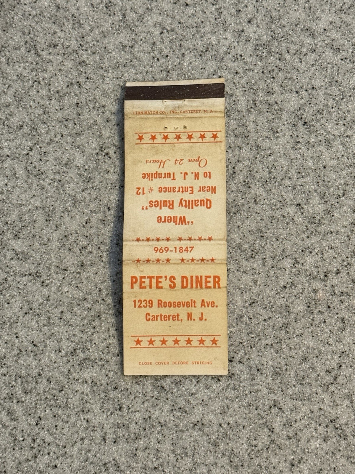Petes Diner Carteret New Jersey Vintage Matchbook Cover N2
