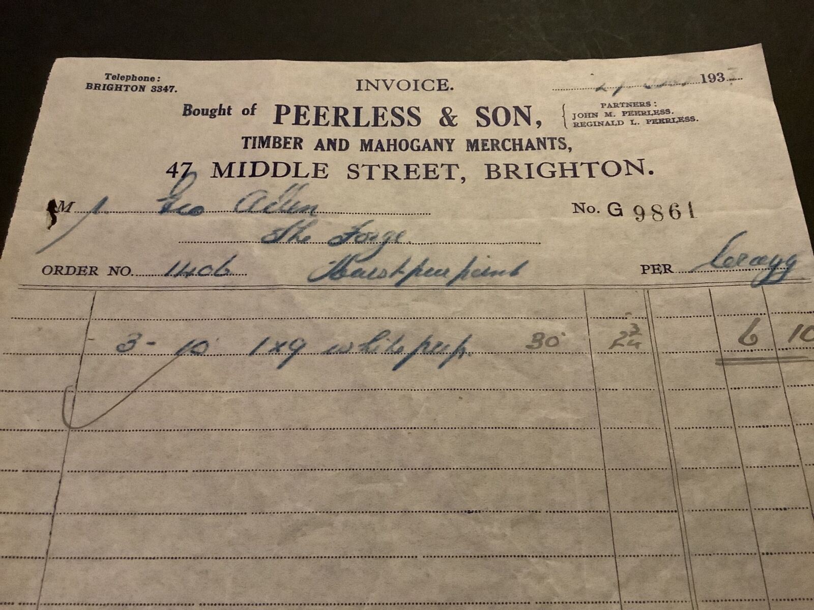 Peerless & Son Timber & Mahogany Merchants Brighton 1933 Receipt R41443