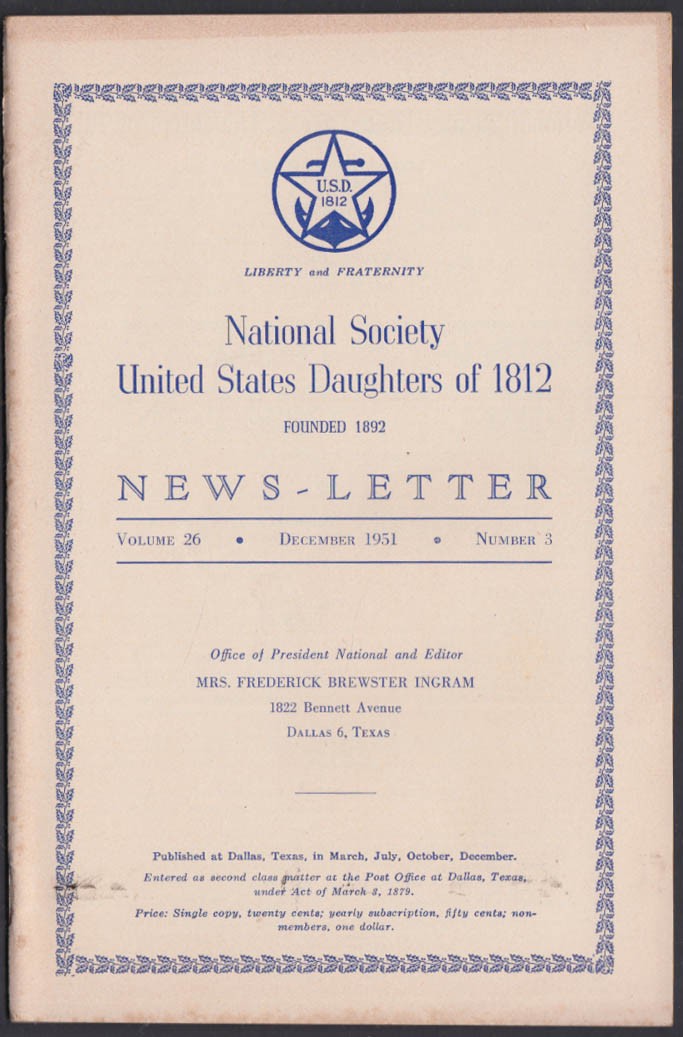 National Society United States Daughters of 1812 NEWSLETTER 12 1951