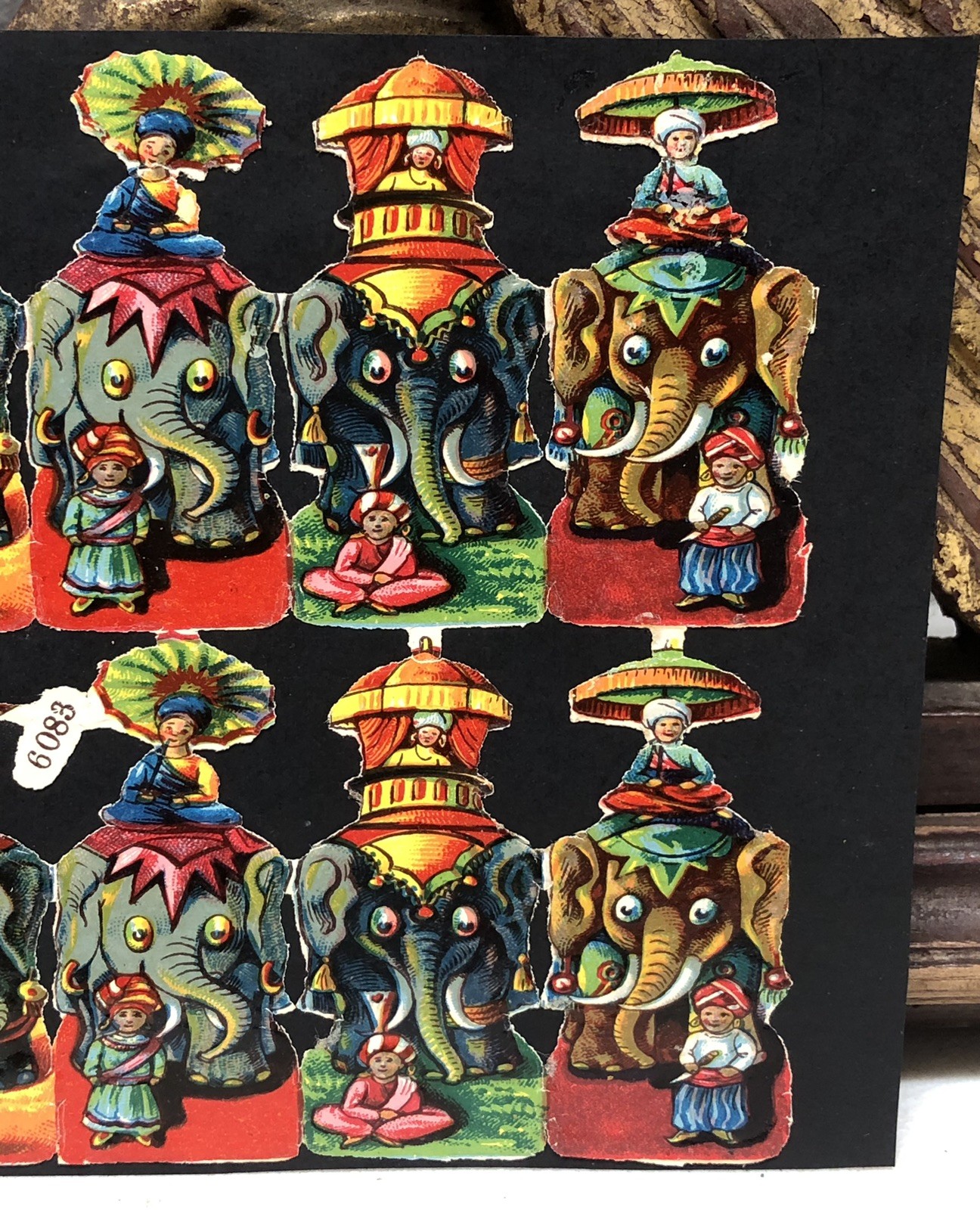 Indian Elephants & Kid Band Die Cut Scraps Glued on Paper Double Sided L14