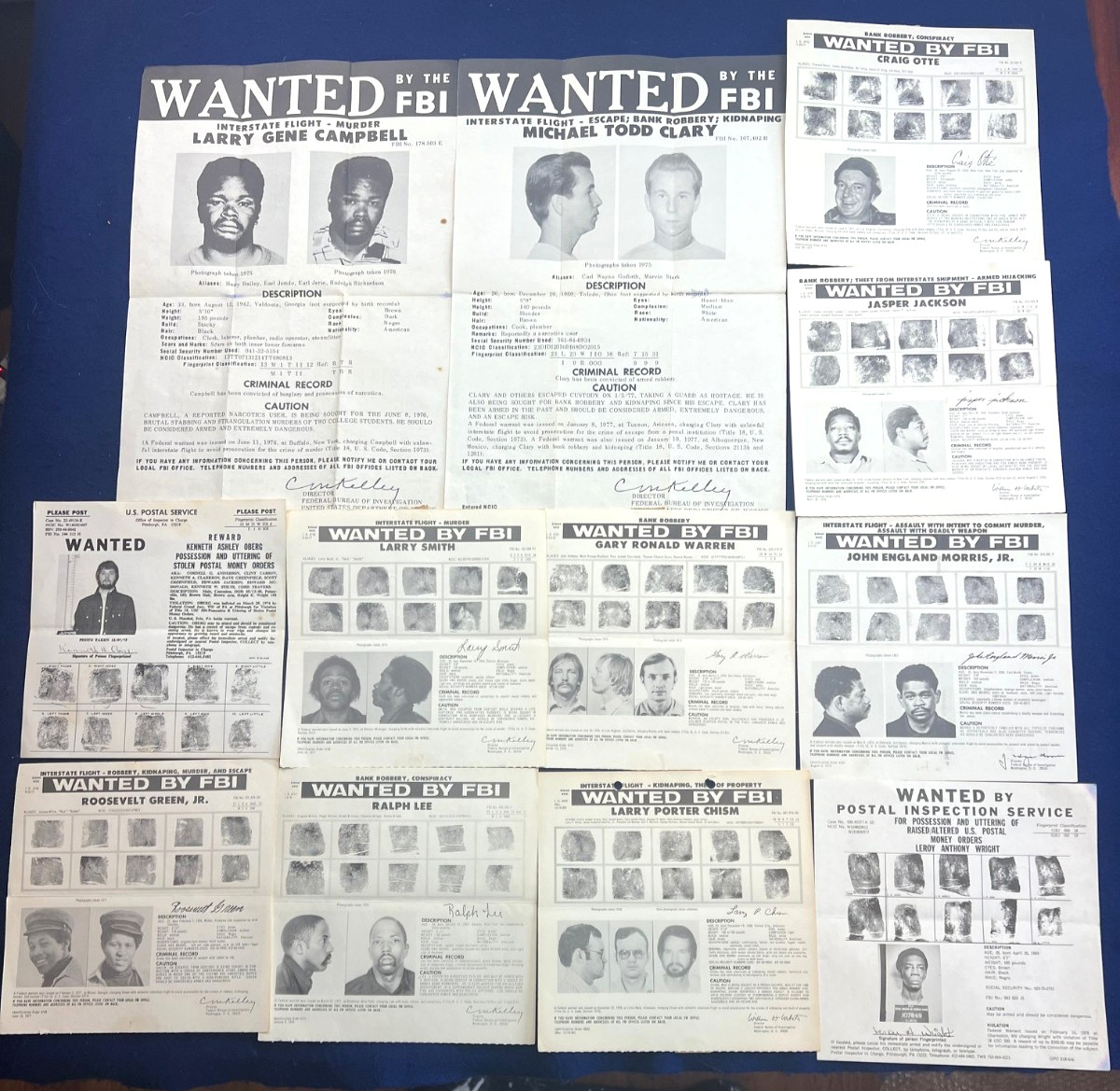FBI Wanted Poster Collection 12 Vintage 1970s Crime Murder Hit Man Bank Robber