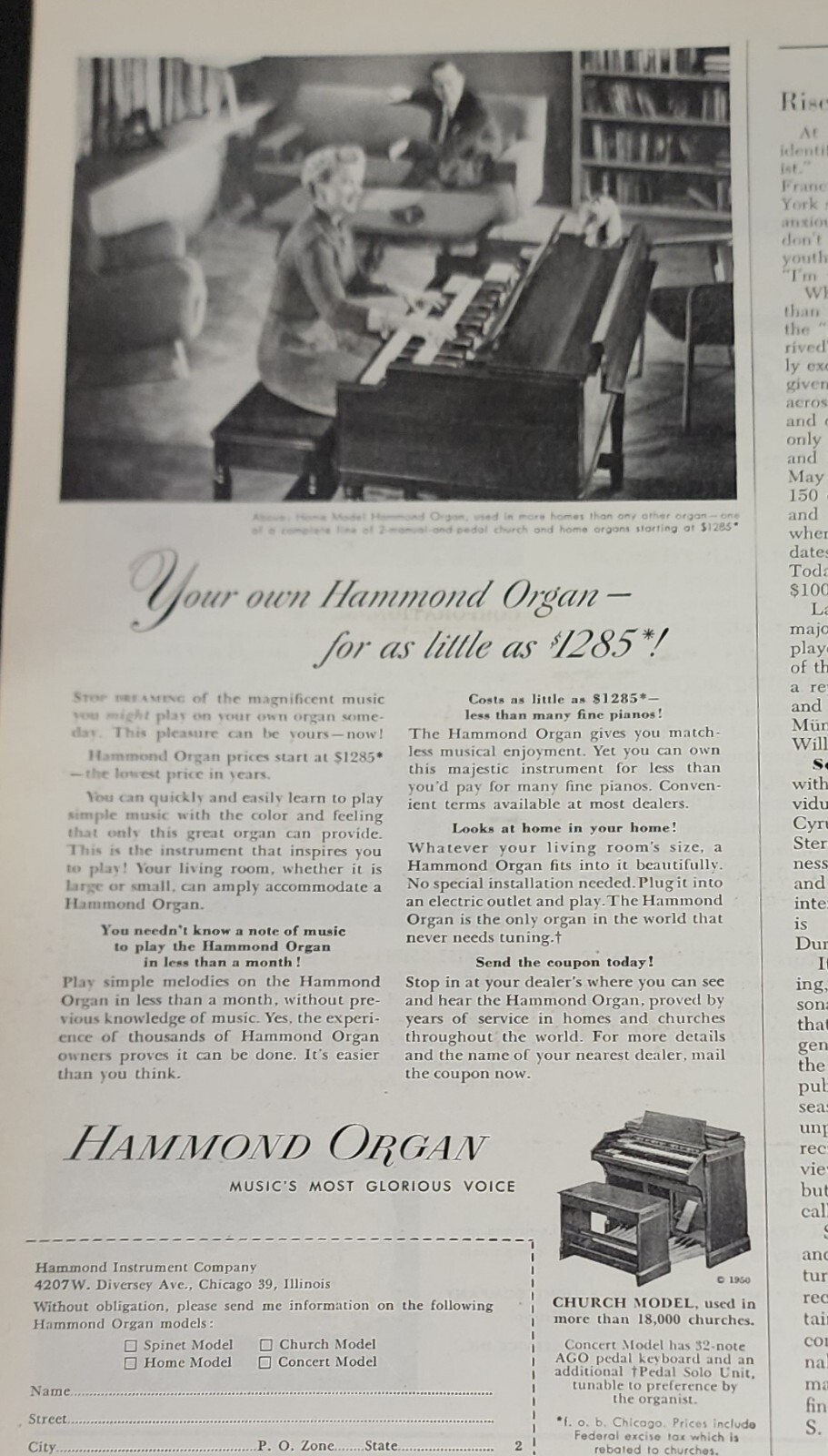 Hammond Organ Piano Magazine Ad Picture Vintage Print Musical Wall Art Decor