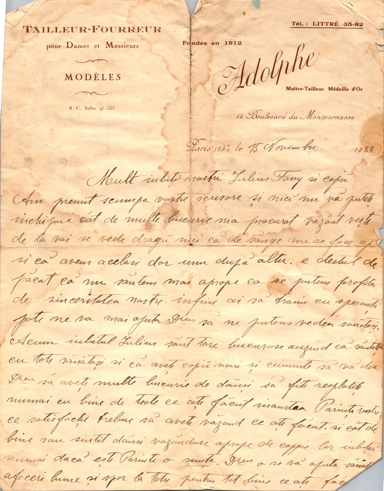 1933 Paris Adolphe Tailor Furrier Handwritten Romanian Letter Botoșani Diaspora