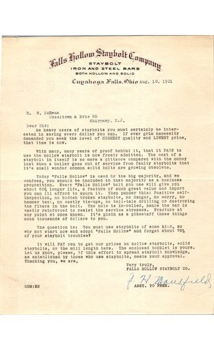 Falls Hollow Staybolt Co Letter 1922 Railroadiana R.R. Ohio NJ Staybolts