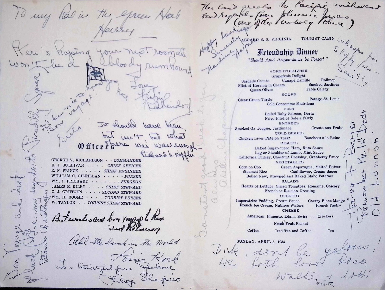 1934 Panama Pacific Line S.S. VA Friendship Dinner Menu Signed Autographs