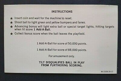 Sky Kings Bally Pinball Game Original Instruction Card Add A Ball NOS 1974