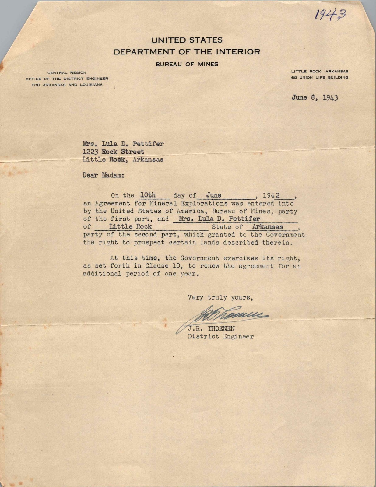 1943 US Bureau of Mines Mineral Agreement Renewal Letter – Little Rock AR