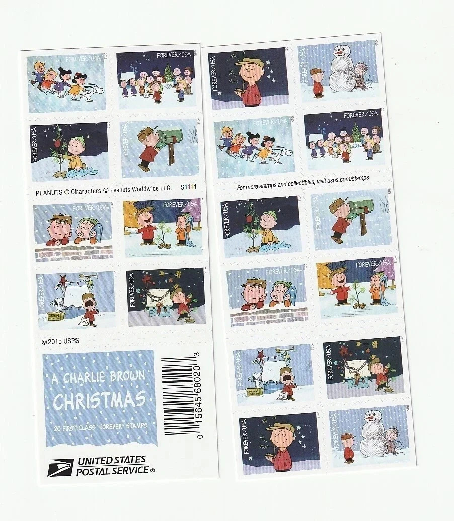 2015 Charlie Brown Christmas Stamps – 5 Sheets MNH (100 Stamps Total)