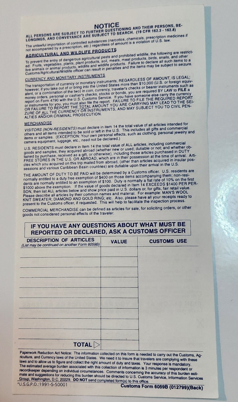 UNITED STATES 🇺🇲 ONE UNUSED CUSTOMS DECLARATION FORM 6059B CIRCA EARLY 2000’s
