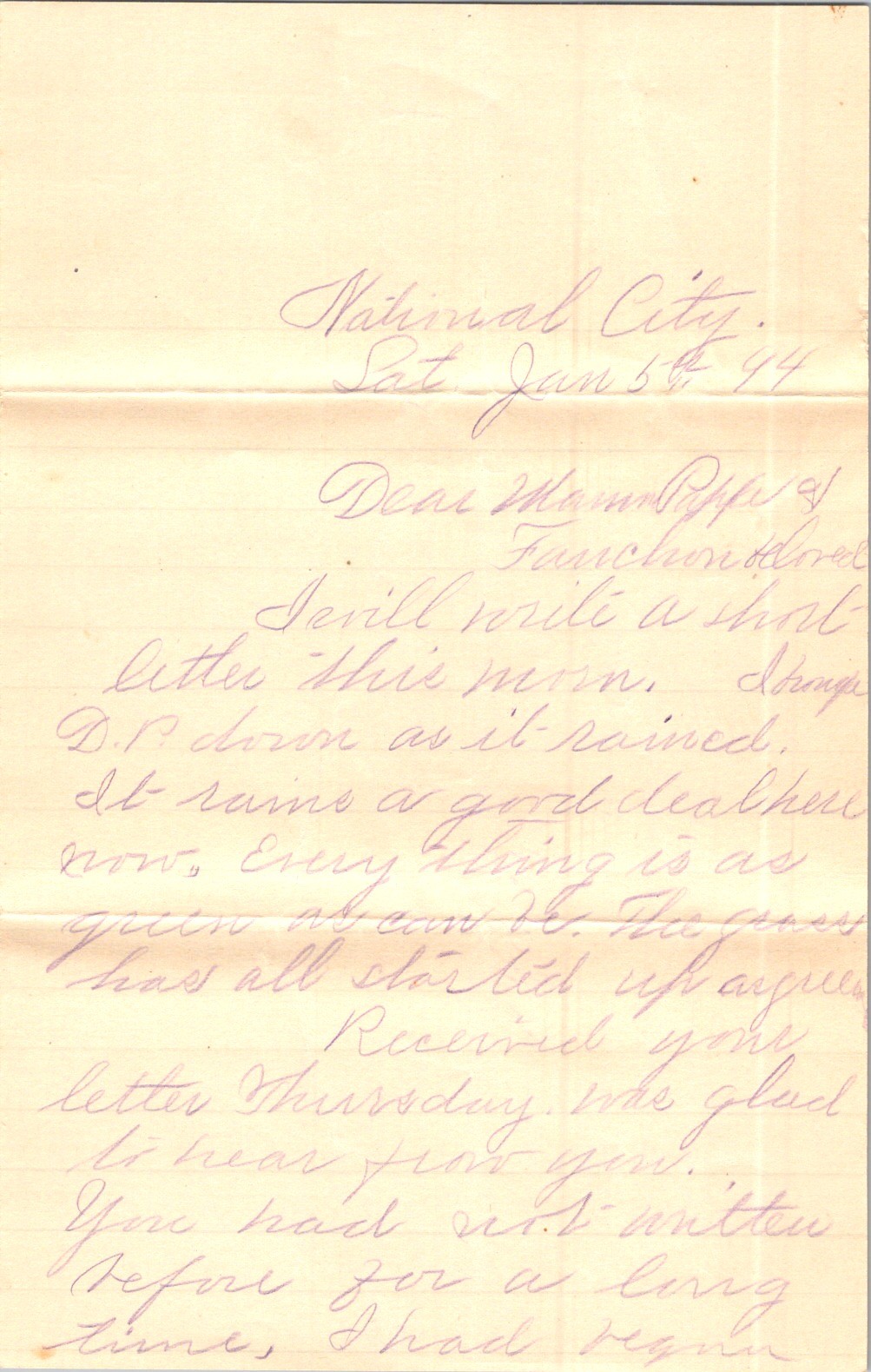 1894 National City CA Letter NH Purple Ink Epistolary Postal Cover Weather