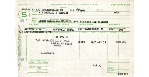NYS & W RR Freight Bill PGH Plate Glass Muriatic Acid AHMX 102 1964 Railroadiana