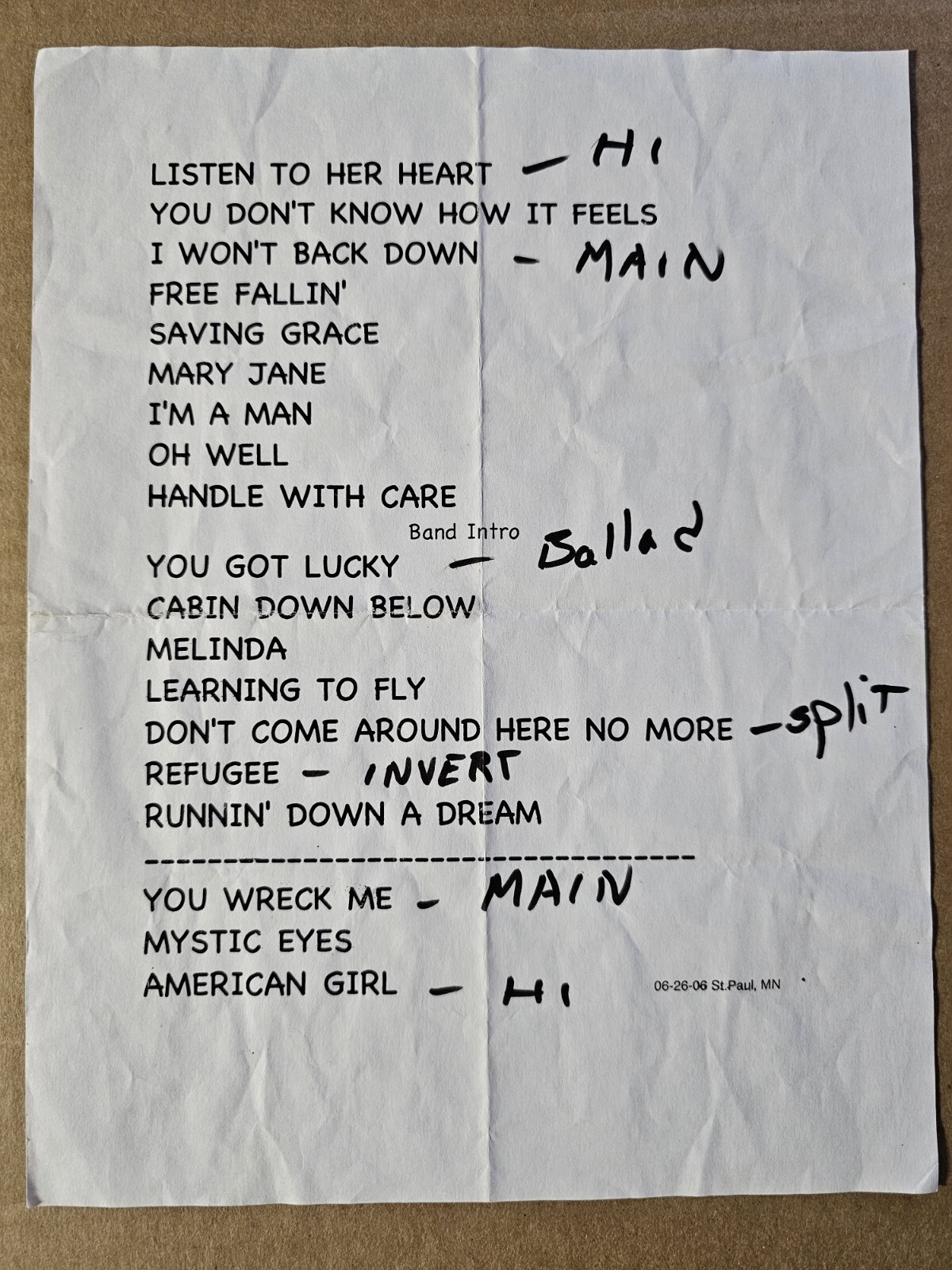 Tom Petty Authentic 6-26-2006 St Paul Minnesota Concert Setlist w/ Pearl Jam