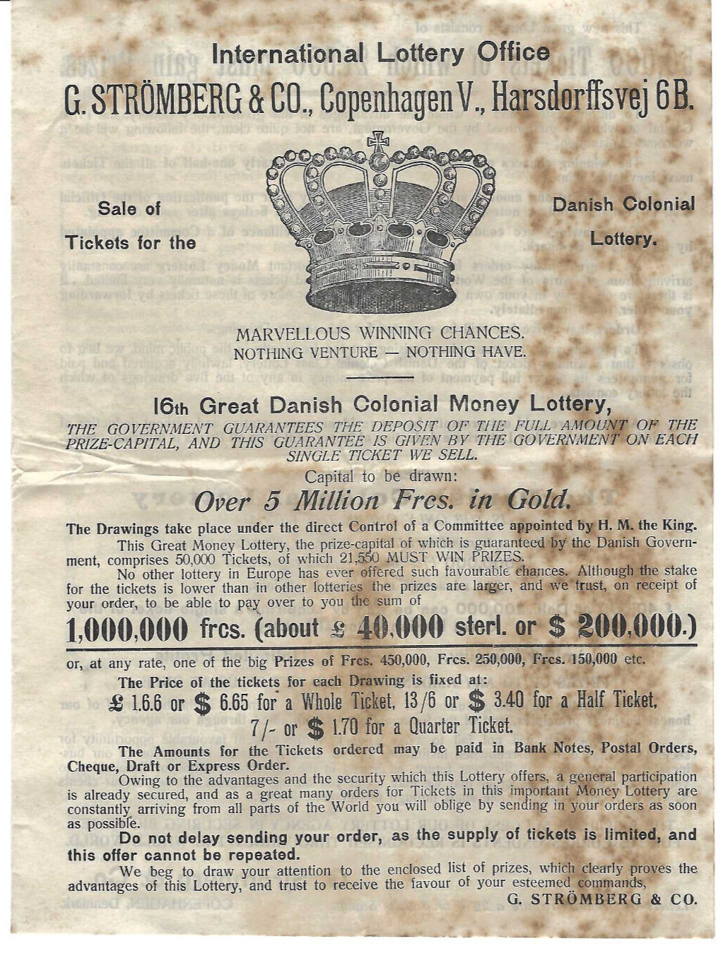 VTG 1914 ‘GREAT DANISH COLONIAL MONEY LOTTERY’ ADVERTISING BROCHURE~WIN $200,000