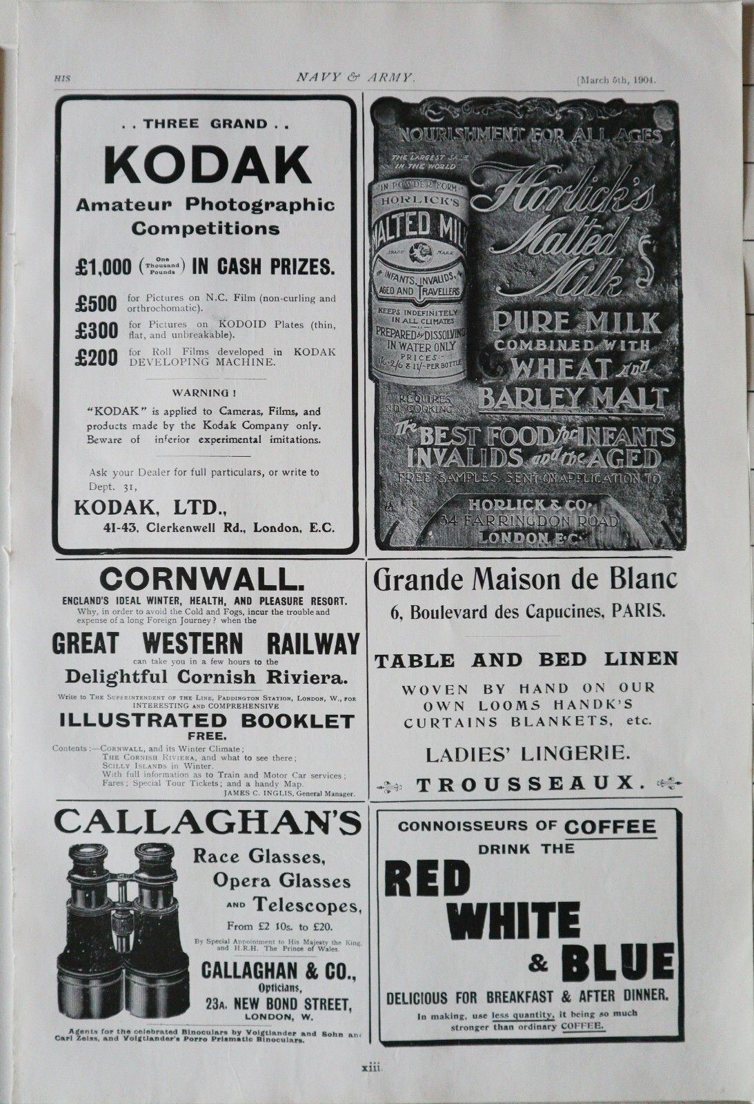 1904 PRINT ADVERTS – RED WHITE & BLUE COFFEE – CALLAGHAN’S GLASSES – KODAK PHOTO