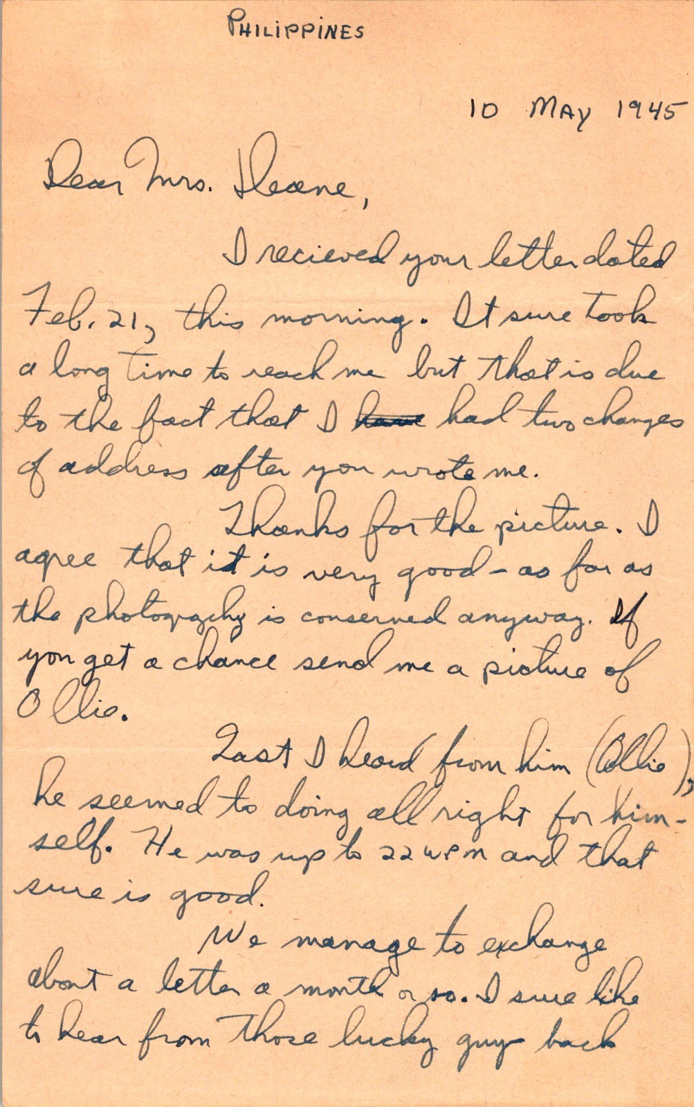 WWII Navy Letter 10 May 1945 Philippines Homefront News Americal Division