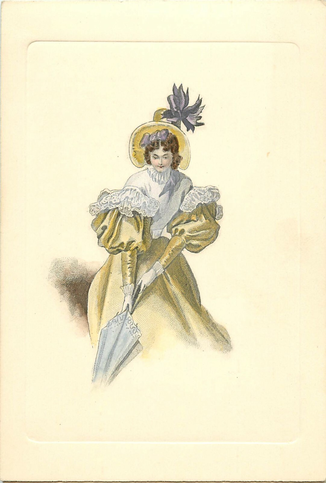 Vintage 19th Century Hand-Colored Fashion Engraving Card Lady in Yellow, Parasol