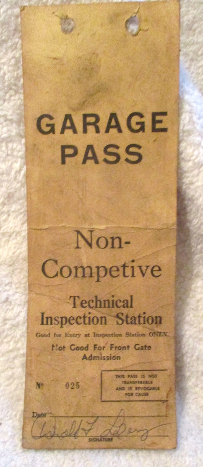 Collectible~Garage Pass~Non-Competive~Technical Inspection Station~Car Racing