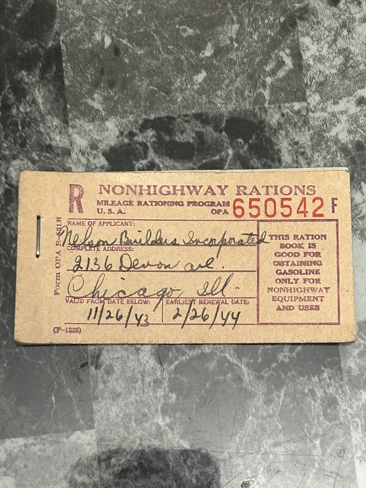 1943-1944 NON HIGHWAY RATIONS BOOKLET WITH 4 FULL PAGES LEFT CHICAGO ILLINOIS