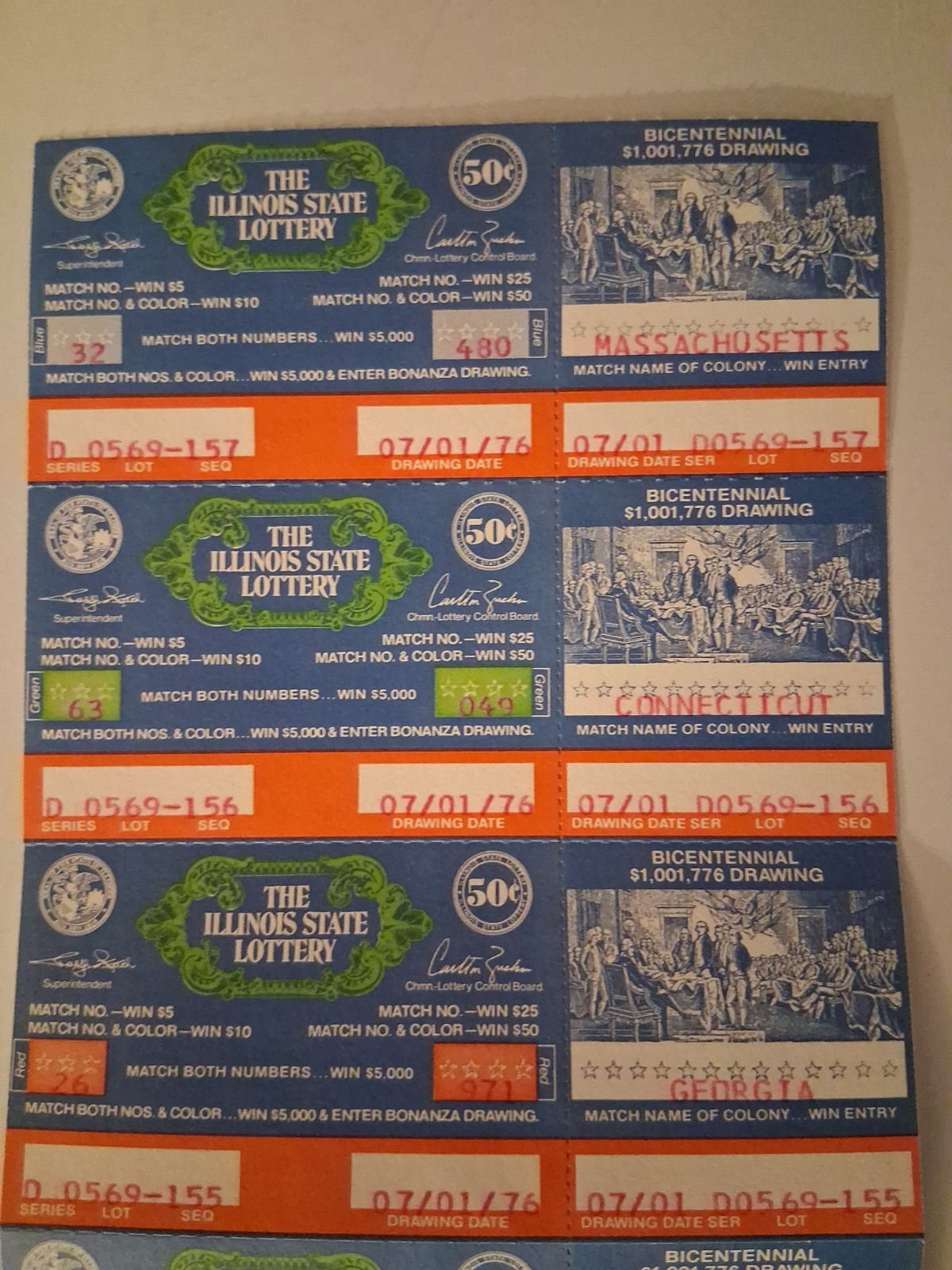4 Bi-Centennial Paper Illinois Lottery Tickets – issued 1976 Uncut Americana