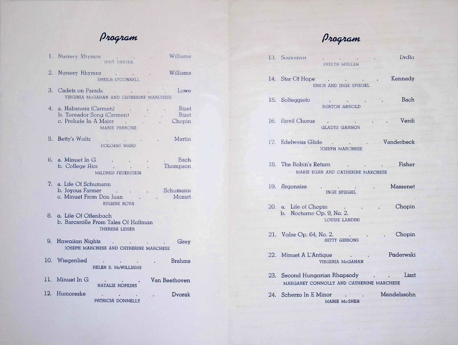 Piano Recital Program 1940 Catherine Marchese P.S. No 19 Elmhurst NY Chopin
