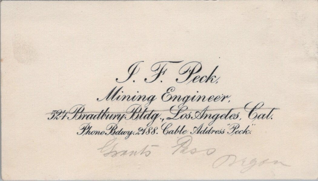 I F Peck Mining Engineer Grants Pass Oregon Los Angeles c1910s Business Card LPB