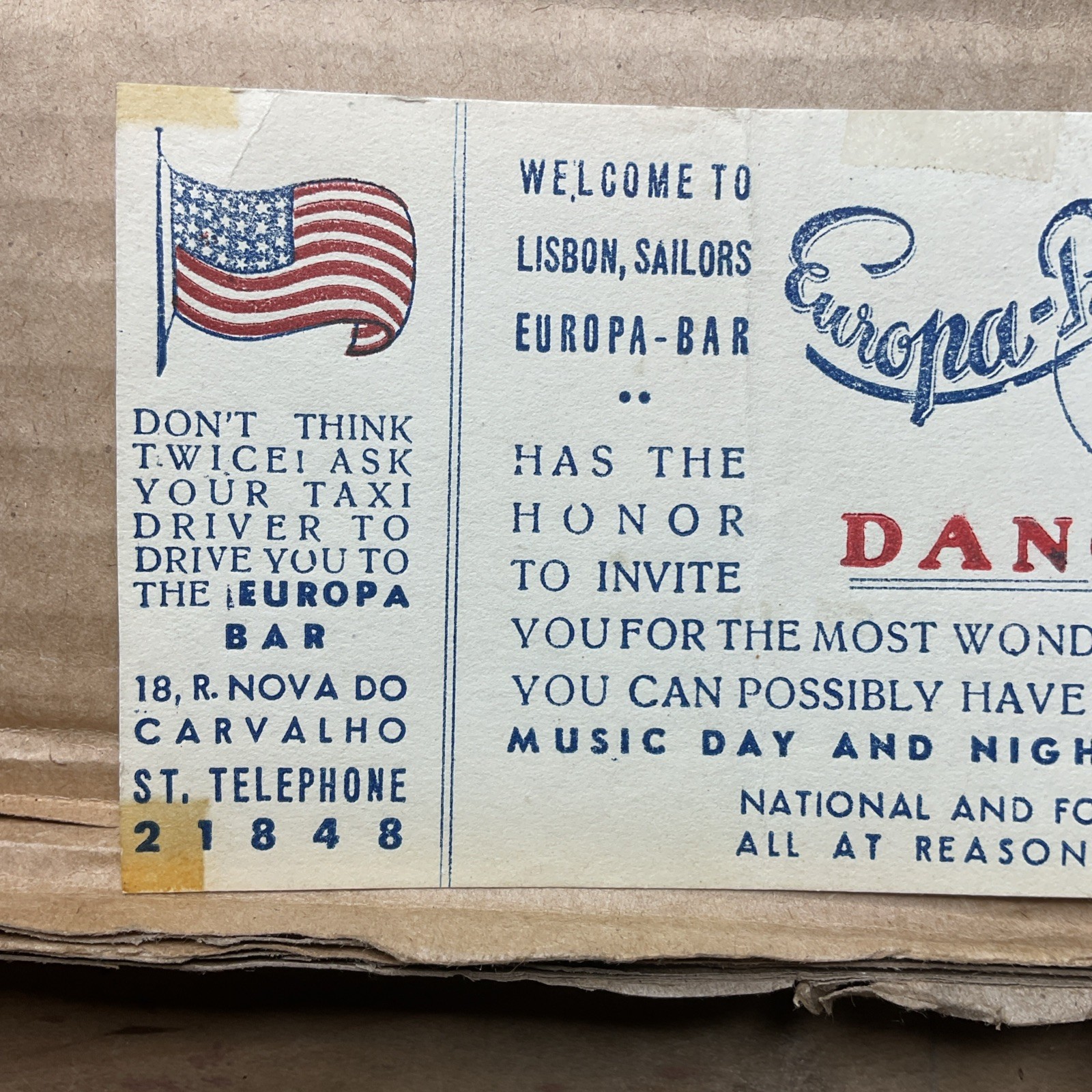 1950s Ticket Flyer EUROPA-bar Lisbon Portugal USN Navy Sailors Music B60