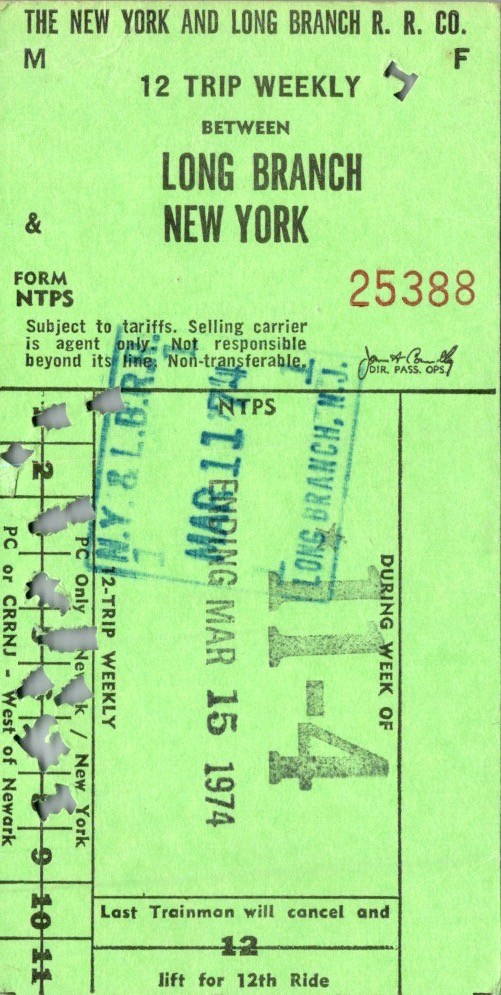 1974 NY & Long Branch RR 12-Trip Weekly Commuter Ticket w/ Punch Holes