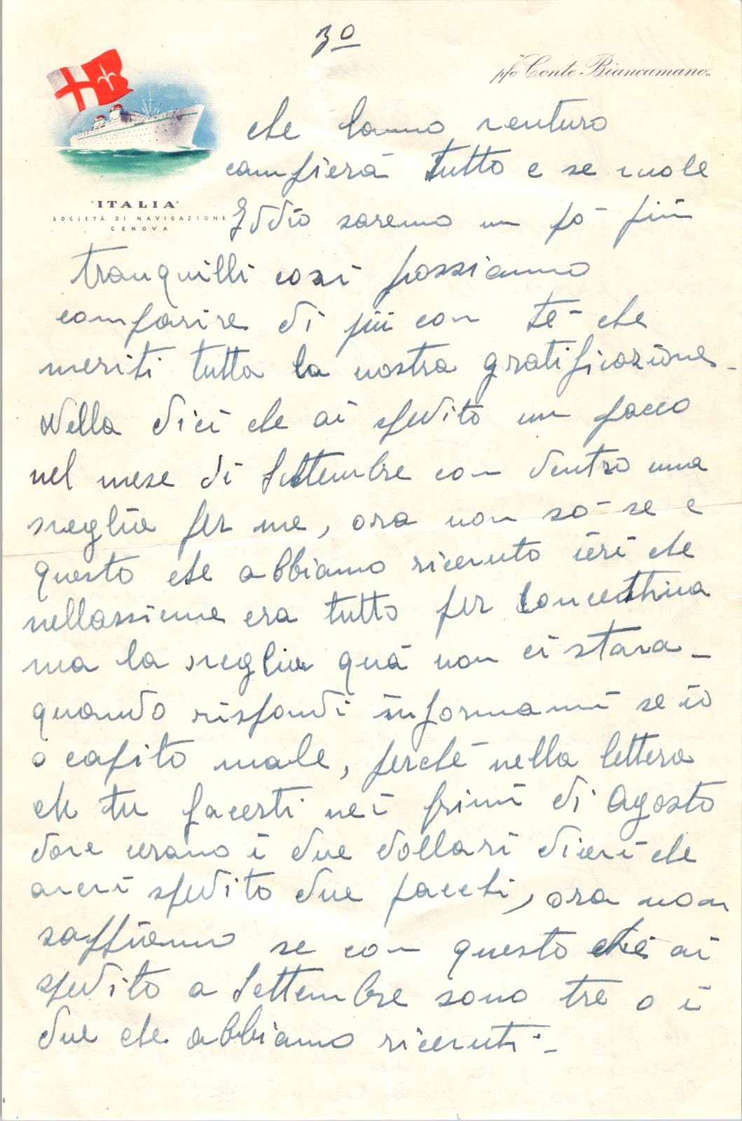 Italian Line SS Conte Biancamano Handwritten Letter 1940s Genova Italy Cursive