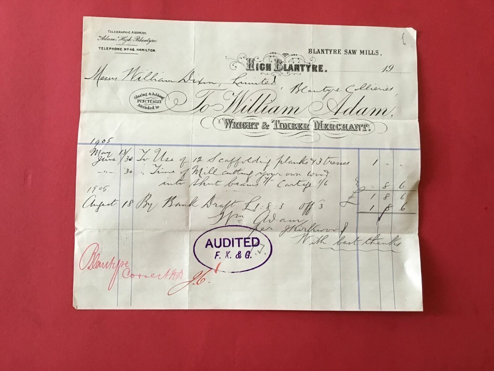 William Adam Wright & Timber Merchant 1905 High Blantyre receipt R33633