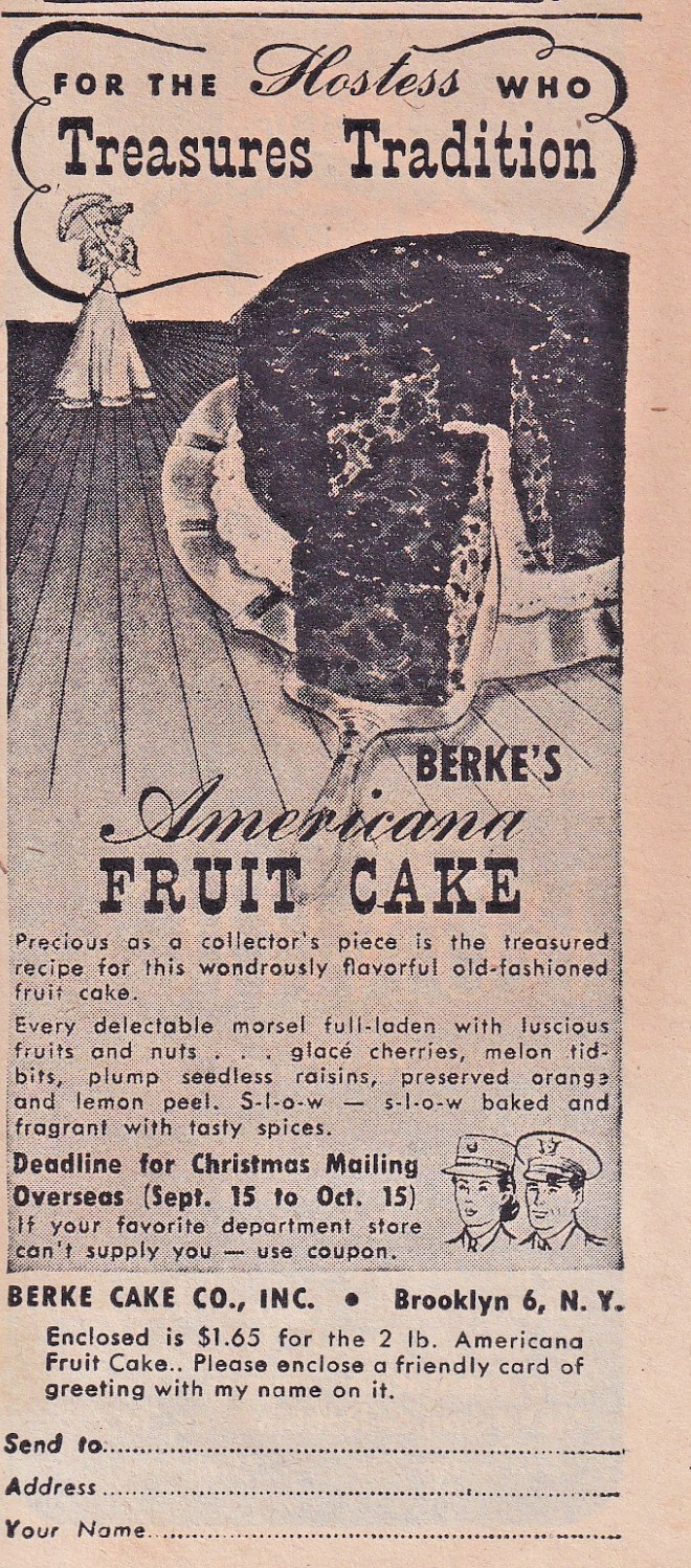 Berke Cake Co Brooklyn NY 1944 Vtg Print Ad 2″x5″ Americana Fruit Cake