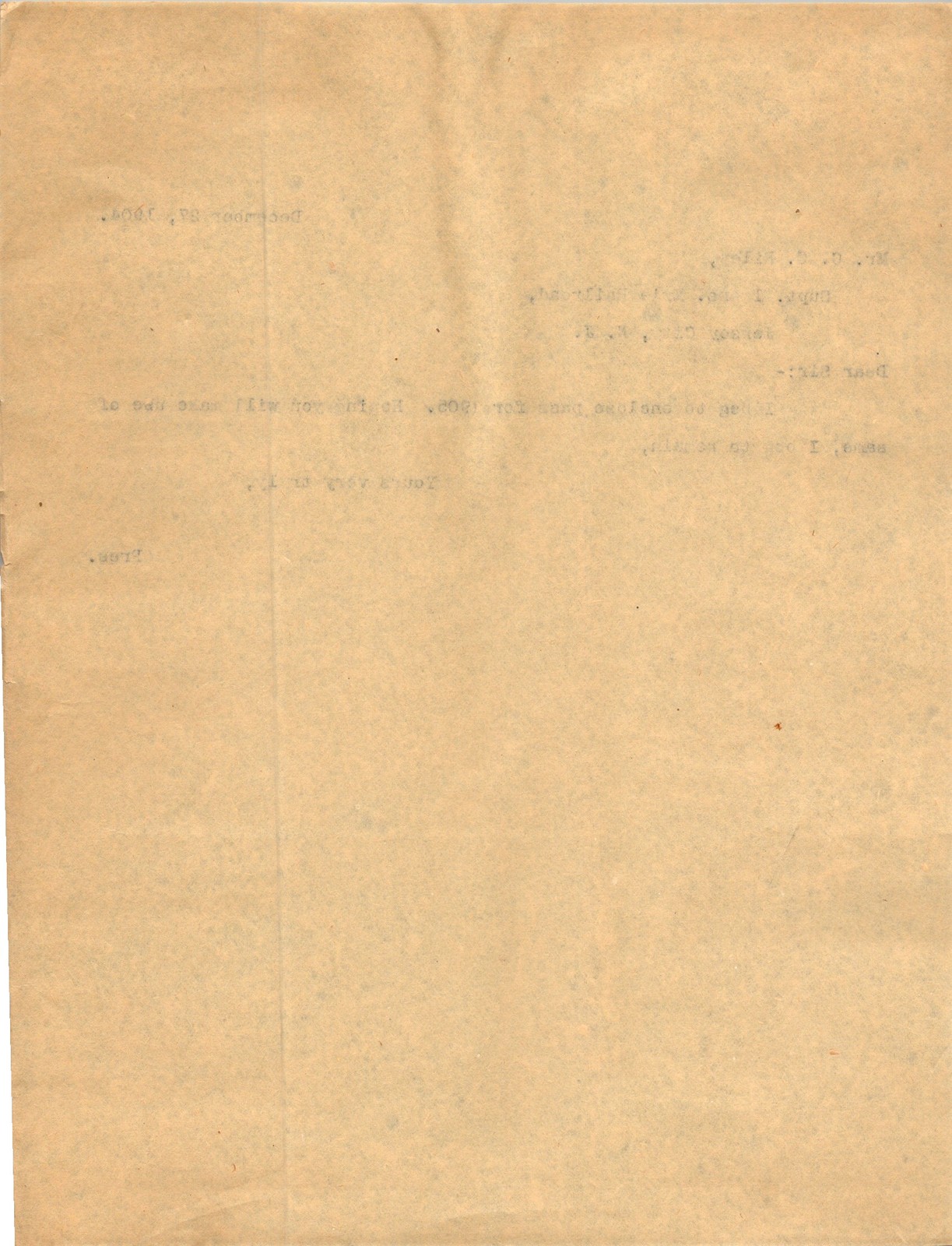 Erie Railroad 1905 Annual Pass Letter President Office Typed Document NJ