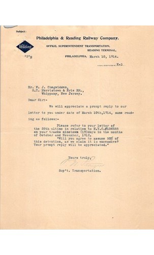 1914 Philadelphia & Reading Railway Letter NYC Freight Car Dispute Railroadiana