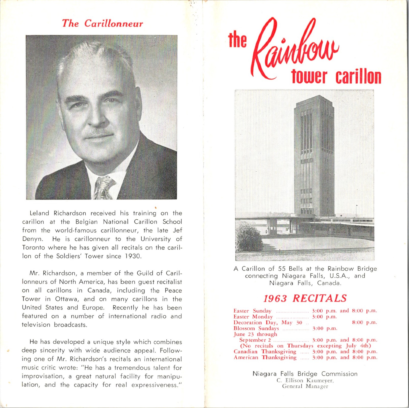 Rainbow Tower Carillon Brochure 1963 Niagara Falls NY Canada Music Recitals